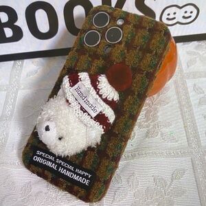 Handmade Brown and Green Checkered Phone Case with Bear Design